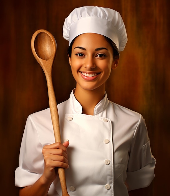 a smiling chef holding a wooden spoon