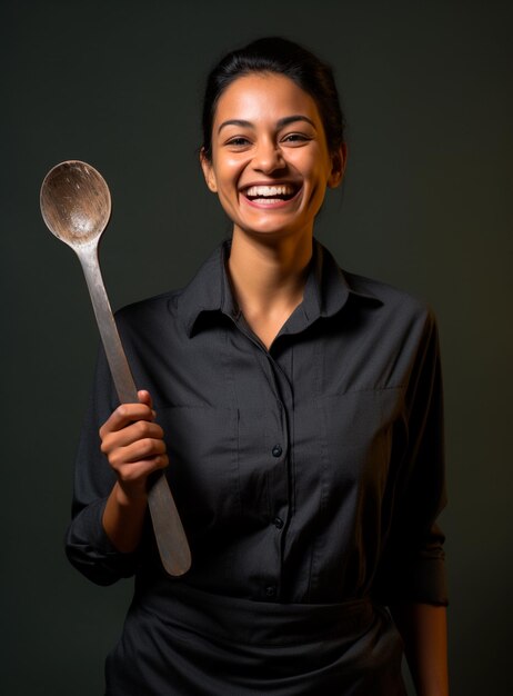 a smiling chef holding a wooden spoon