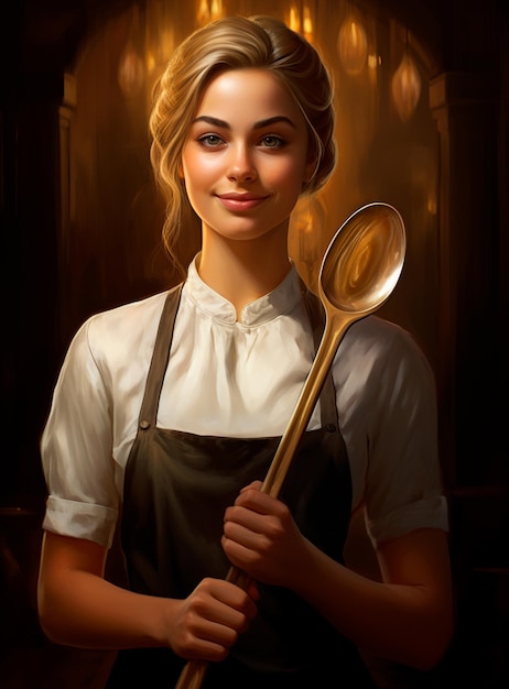 A smiling chef holding a wooden spoon
