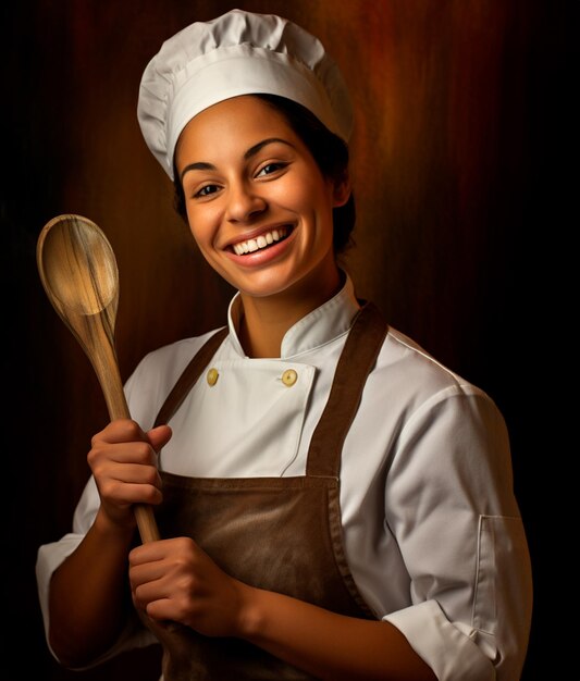 a smiling chef holding a wooden spoon