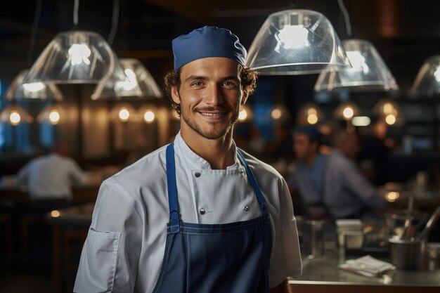 a smiling chef posing in a restaurant kitchen