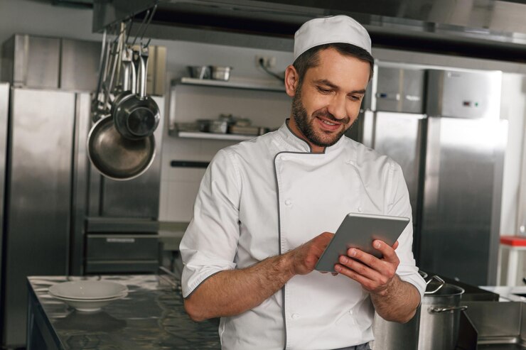 Photo smiling chef in uniform making order in digital tablet for the supplier standing on kitchen