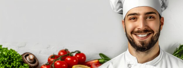 Smiling chef on a white background banner with a space for text