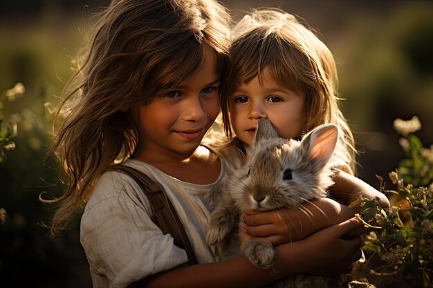 Smiling child caresses cute rabbit generative IA