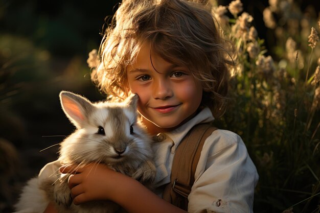 Smiling child caresses cute rabbit generative IA