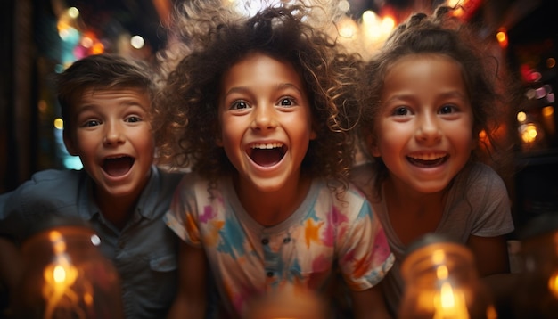 Smiling child celebrates Christmas girls and boys enjoy indoor festivities generated by artificial intelligence