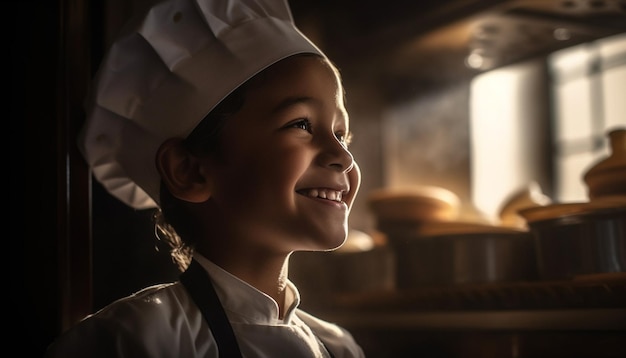 Улыбающийся ребенок-повар в униформе печет, с гордостью созданный искусственным интеллектом