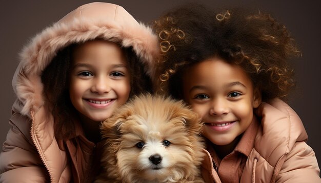 Photo smiling child and cute dog bring happiness and love together generated by ai