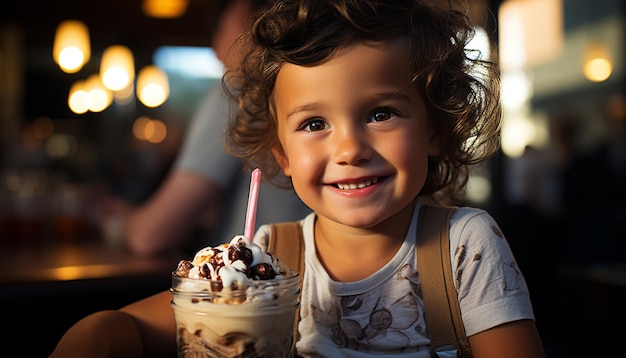 아이스크림을 즐기는 웃는 아이는 여름에 인공지능에 의해 생성된 순수한 행복입니다.