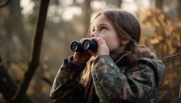 Il bambino sorridente esplora la foresta scopre la bellezza all'aperto generata dall'intelligenza artificiale