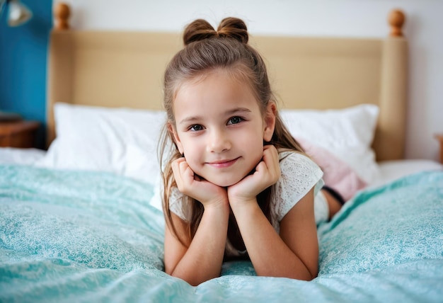 Smiling child girl laying on bed