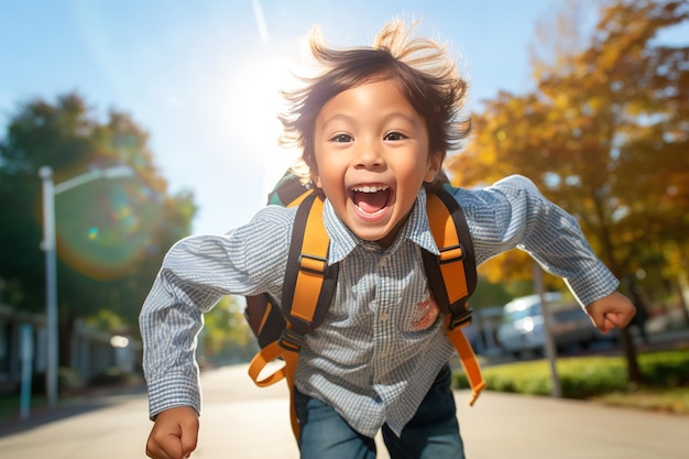 A smiling child going to school on the first day after the holidays