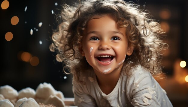 Photo smiling child happiness cheerful cute joy curly hair playful enjoyment small girl generated by ai