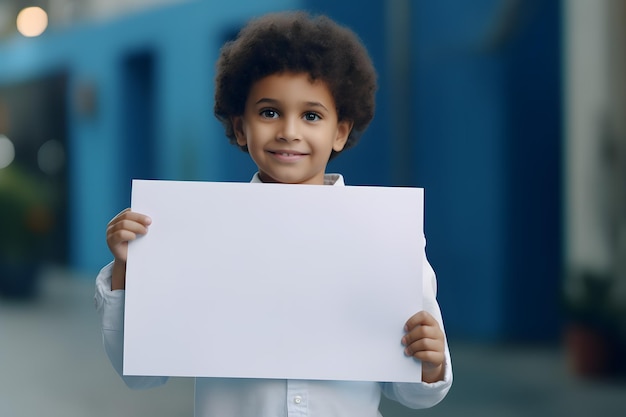 Smiling Child Holding a Blank Sign in Front of a Vibrant Blue Wall Generative AI Enhanced