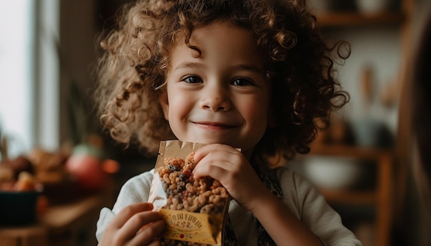 Foto bambino sorridente che tiene in mano un biscotto che si diverte a mangiare dolci in una cucina domestica generata dall'ai