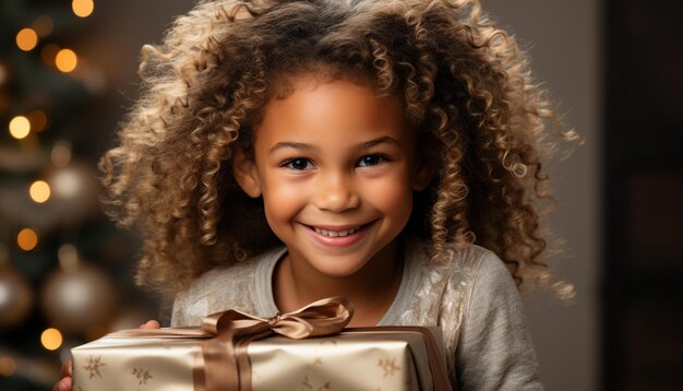 Photo smiling child holds gift cute happiness in one portrait generated by artificial intelligence