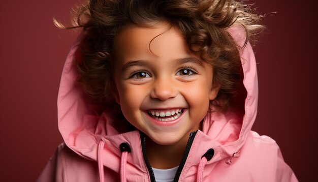 Smiling child looking at camera happiness in autumn outdoors generated by artificial intelligence