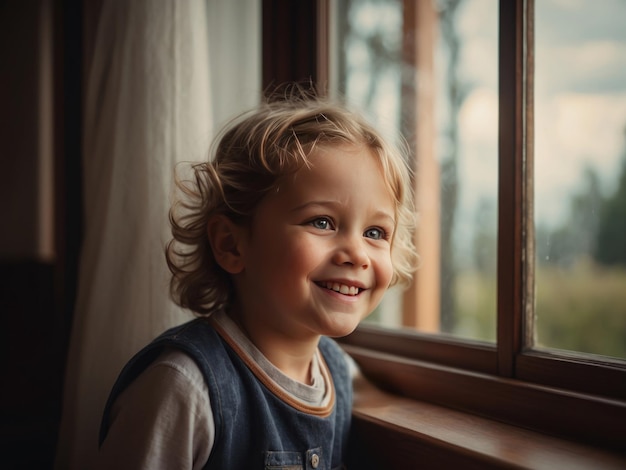 Smiling child looking out of window retro house AI Generative