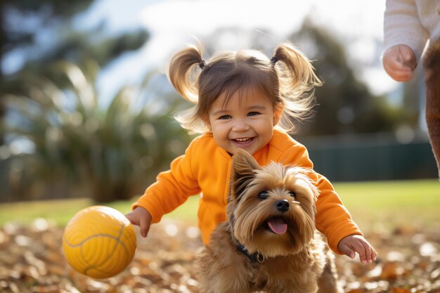 Smiling child in orange plays ball toy with a dog in the park in autumn