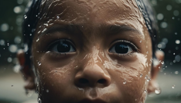 Smiling child playing in the summer rain generated by AI