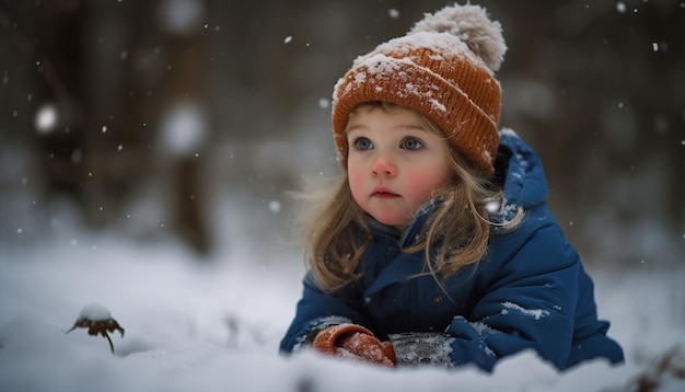 Smiling child plays in snow winter wonderland generated by AI