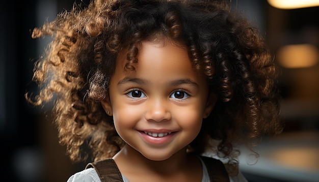 웃는 행복의 아이 초상화 귀여운 곱슬 머리카락 인공 지능에 의해 생성 된 즐거운 순수함