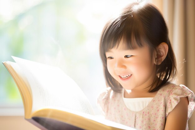 写真 笑顔の子供が本を読んでいる