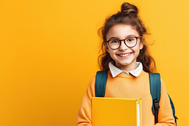 Smiling child school girl on bright yellow background