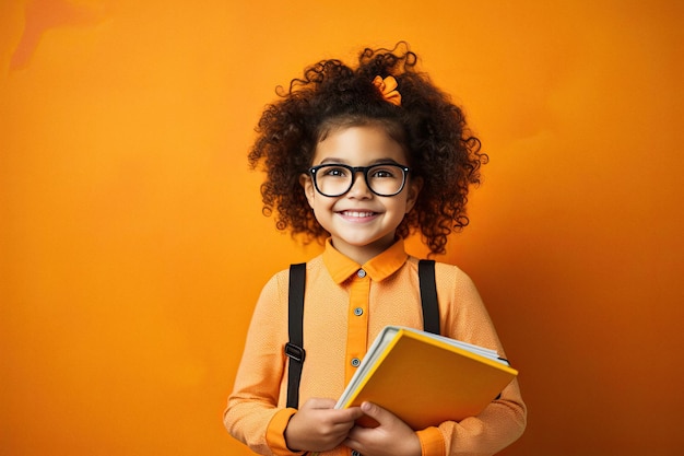 Smiling child school girl on bright yellow background