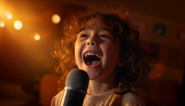Smiling child singing on stage bringing joy and happiness generated by artificial intelligence