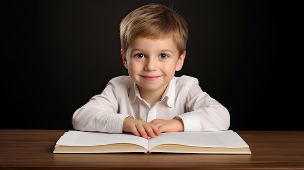 a smiling child sits to study in front of a table with an open book on a white background