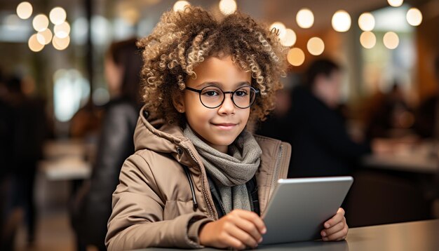 Photo smiling child using digital tablet looking at camera with happiness generated by ai