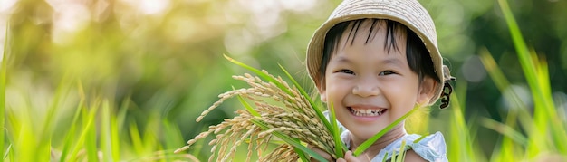 A smiling child wearing a hat and holding a bunch of rice plants in a sunny