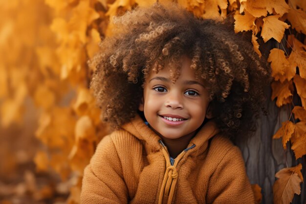 Улыбающийся ребенок с волосами афро в осенних листьях