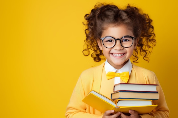 smiling child with books in hands on yellow background back to school Generative AI