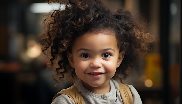 Smiling child with curly hair cute and cheerful looking at camera generated by artificial intelligence