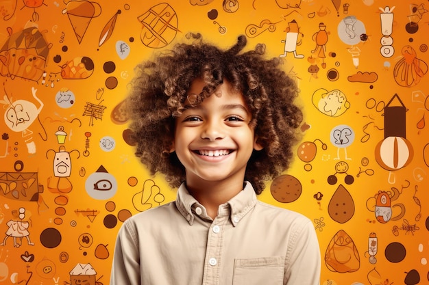 A smiling child with curly hair posing in front of a colorful background