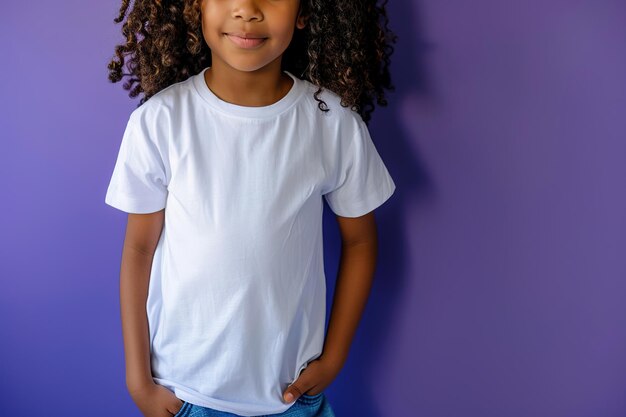 Smiling child with curly hair wearing a plain white tshirt on a purple background Mockup tshirt