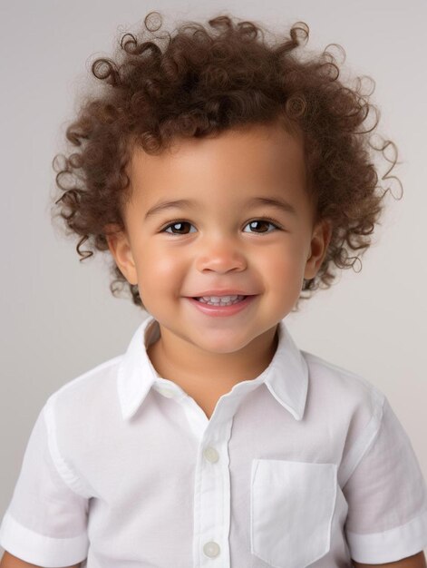 a smiling child with curly hair and a white shirt