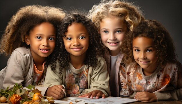 Smiling children enjoying art bonding in a colorful classroom generated by AI