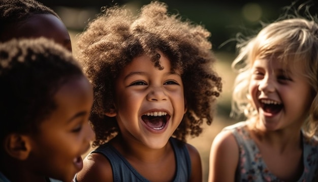 Улыбающиеся дети, наслаждающиеся летом на открытом воздухе, объединяются в многоэтнической группе, созданной ИИ