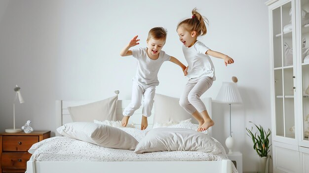 Photo smiling children having fun in bedroom happy