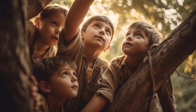 Smiling children playing in the forest together generated by AI