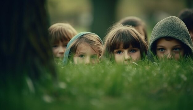 Foto bambini sorridenti che giocano nell'erba verde pura innocenza catturata generata dall'intelligenza artificiale