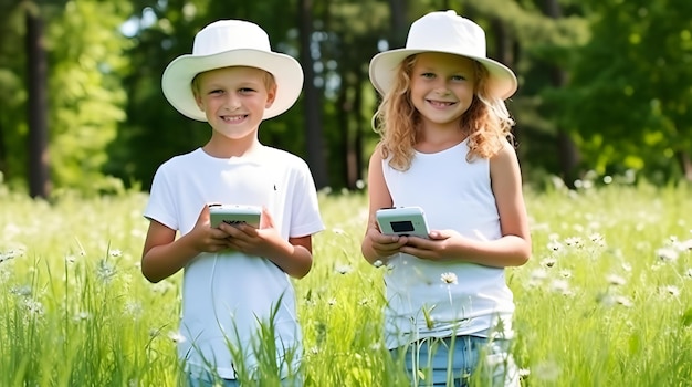 Улыбающиеся дети с мобильными телефонами в руках на фоне комнаты