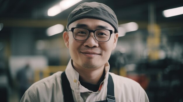 A smiling Chinese male electronic factory worker standing in factory