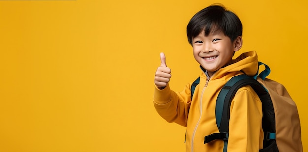 Smiling chinese school boy with a backpack and jacket on a yellow background