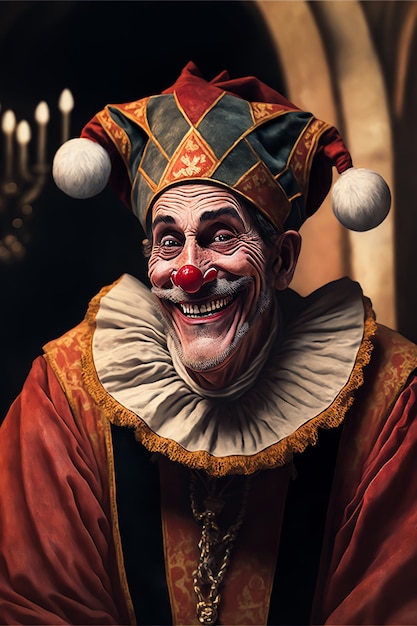 A smiling Classic clown in vintage full costumes