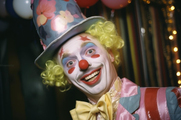 a smiling clown wearing a top hat and bow tie