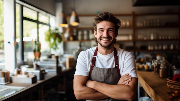 smiling coffee shop owner sitting in cafe